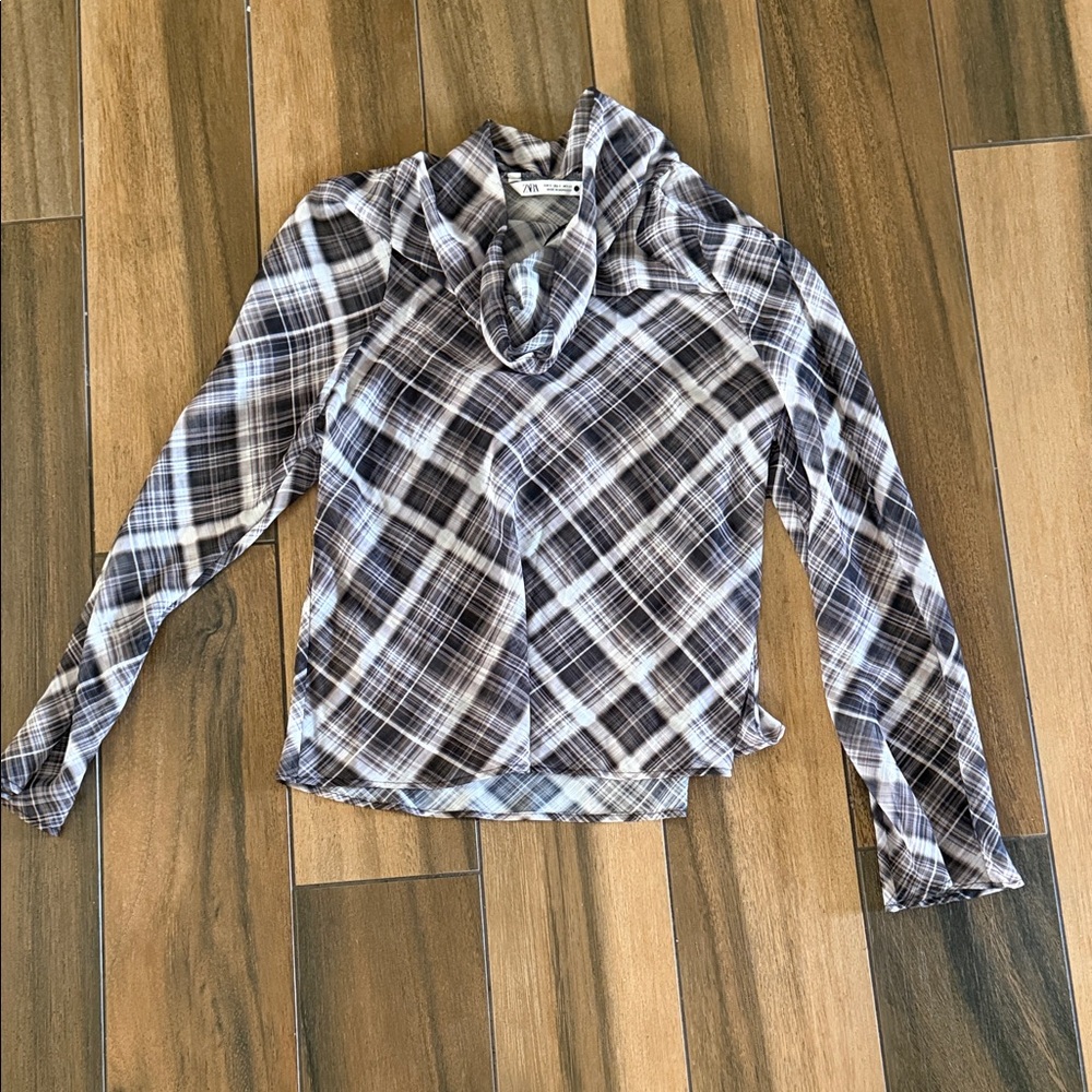 Zara Sheer Plaid Long Sleeve Button-Up Shirt in Black & White